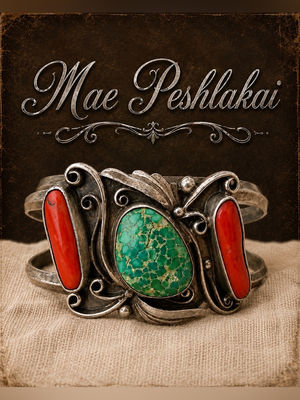 Mae Peshlakai Navajo Sterling Silver Coral & Green Turquoise Stone Cuff Bracelet